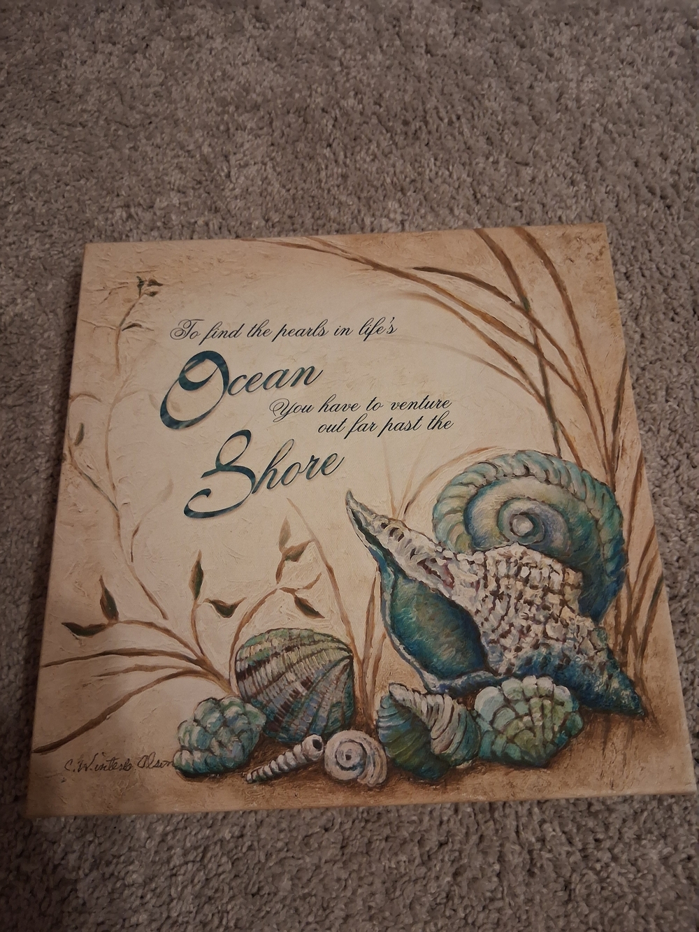Coastal Seashell Wall Art Print in Teal and Beige